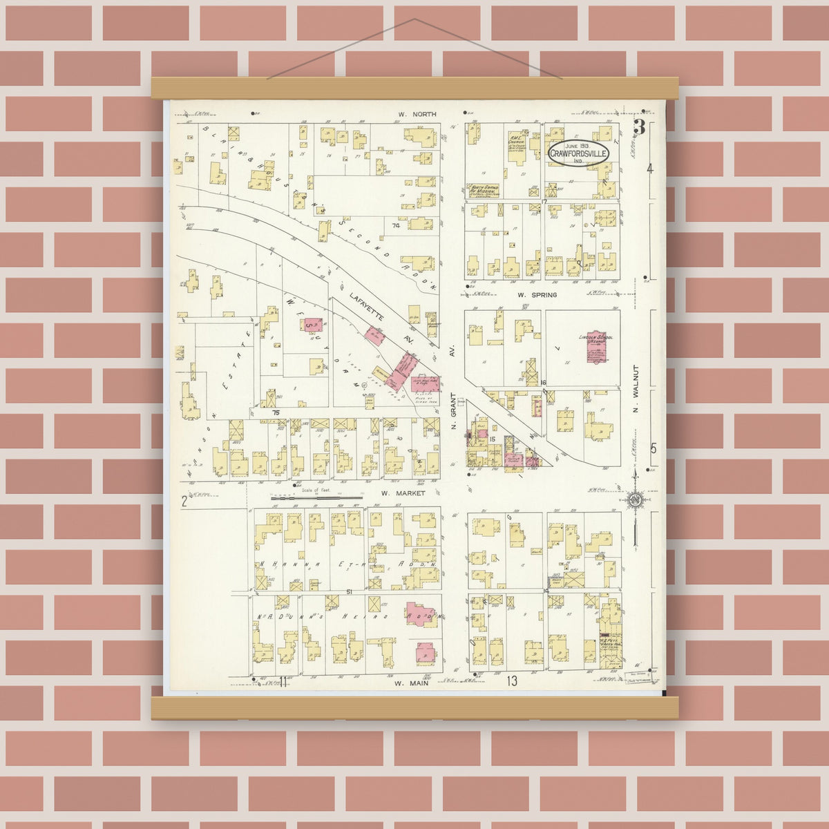 Old map wall art mockup — magnetic wood frame on brick wall — Sanborn Fire Insurance Map from Crawfordsville, Montgomery County, Indiana (1913), Sheet #0003