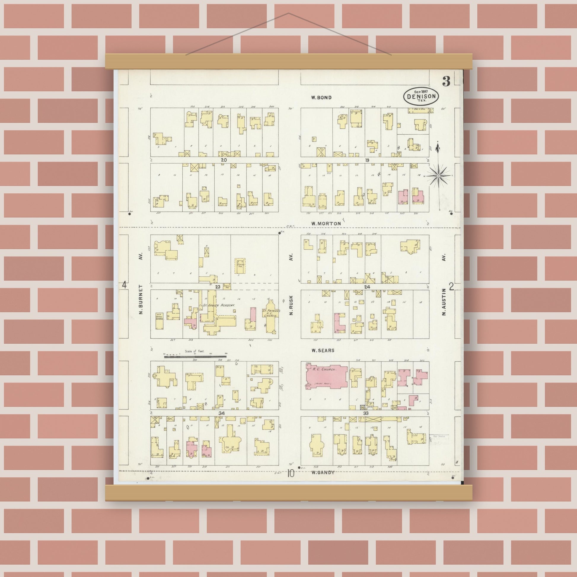 Old map wall art mockup — magnetic wood frame on brick wall — Sanborn Fire Insurance Map from Denison, Grayson County, Texas (1897), Sheet #0003