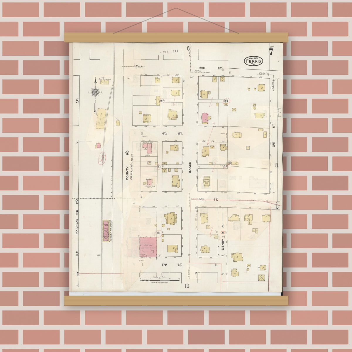 Old map wall art mockup — magnetic wood frame on brick wall — Sanborn Fire Insurance Map from Ferris, Ellis County, Texas (1941), Sheet #0007