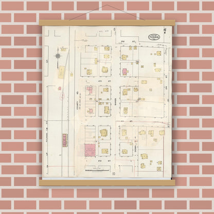 Old map wall art mockup — magnetic wood frame on brick wall — Sanborn Fire Insurance Map from Ferris, Ellis County, Texas (1941), Sheet #0007
