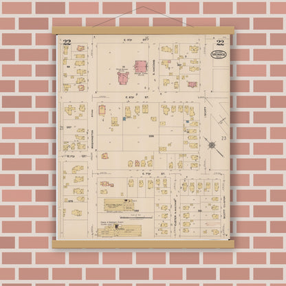 Old map wall art mockup — magnetic wood frame on brick wall — Sanborn Fire Insurance Map from Monroe, Monroe County, Michigan (1922), Sheet #0022