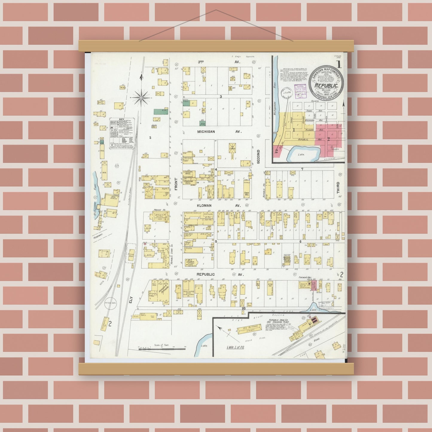 Old map wall art mockup — magnetic wood frame on brick wall — Sanborn Fire Insurance Map from Republic, Marquette County, Michigan (1902) - Complete Map Set