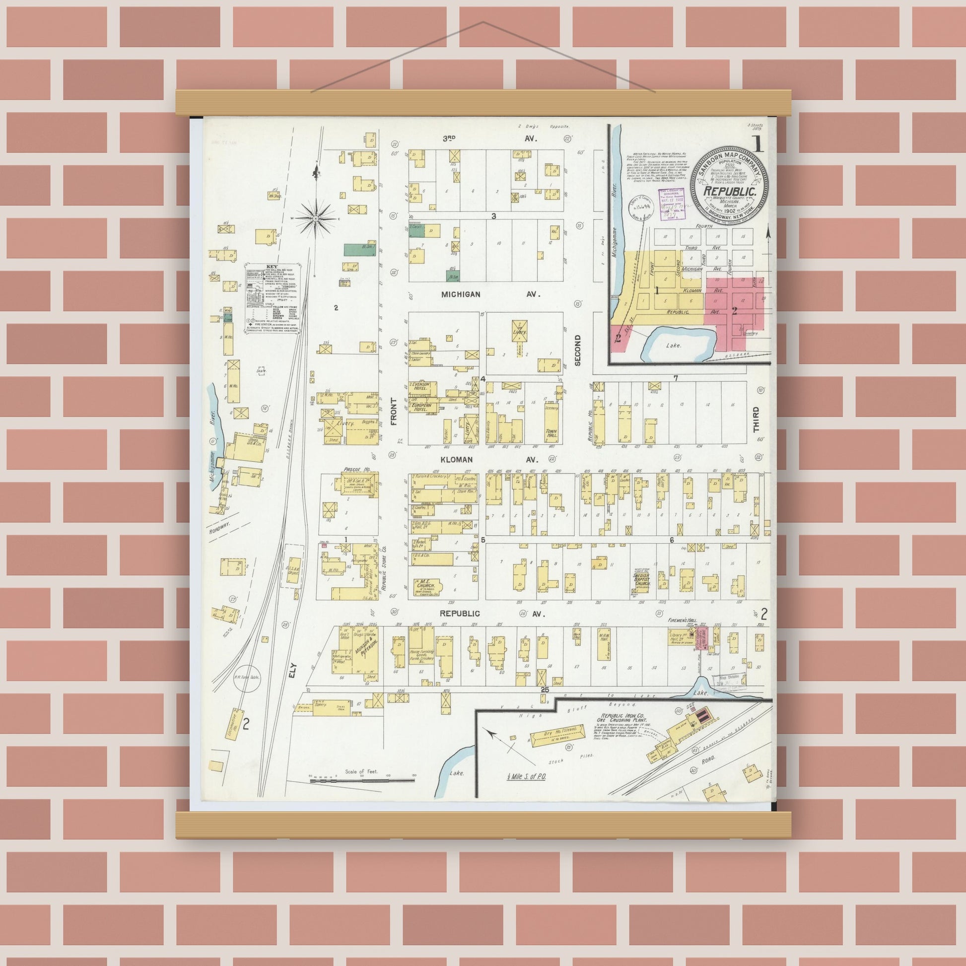 Old map wall art mockup — magnetic wood frame on brick wall — Sanborn Fire Insurance Map from Republic, Marquette County, Michigan (1902) - Complete Map Set
