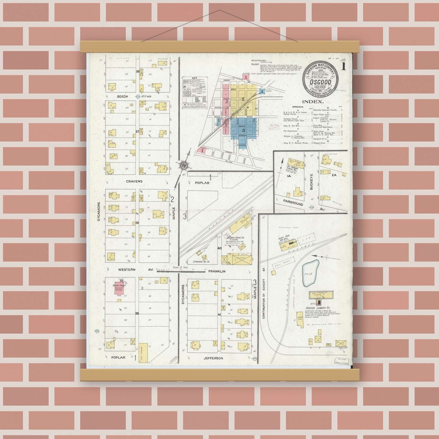 Old map wall art mockup — magnetic wood frame on brick wall — Sanborn Fire Insurance Map from Osgood, Ripley County, Indiana (1911) - Complete Map Set