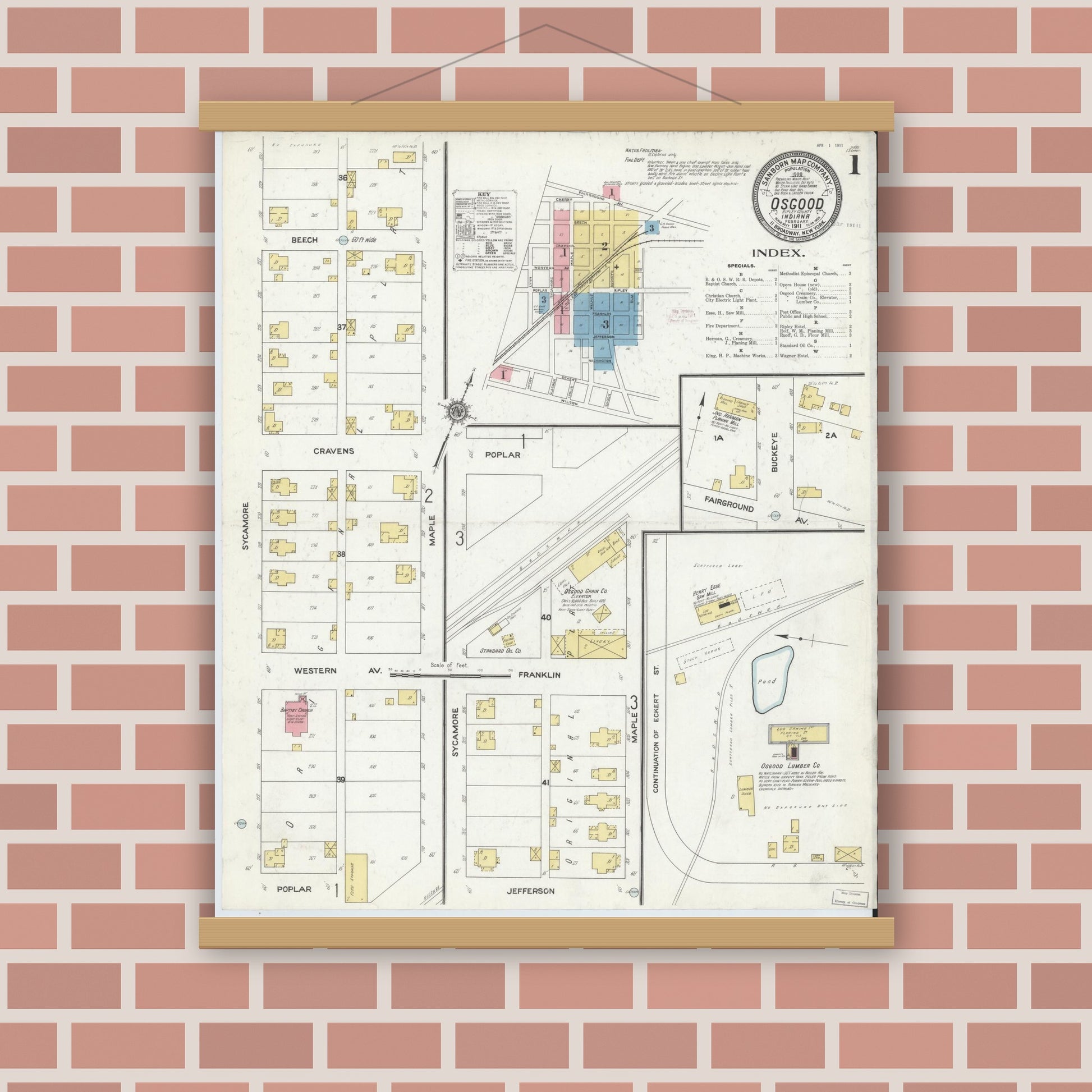 Old map wall art mockup — magnetic wood frame on brick wall — Sanborn Fire Insurance Map from Osgood, Ripley County, Indiana (1911) - Complete Map Set