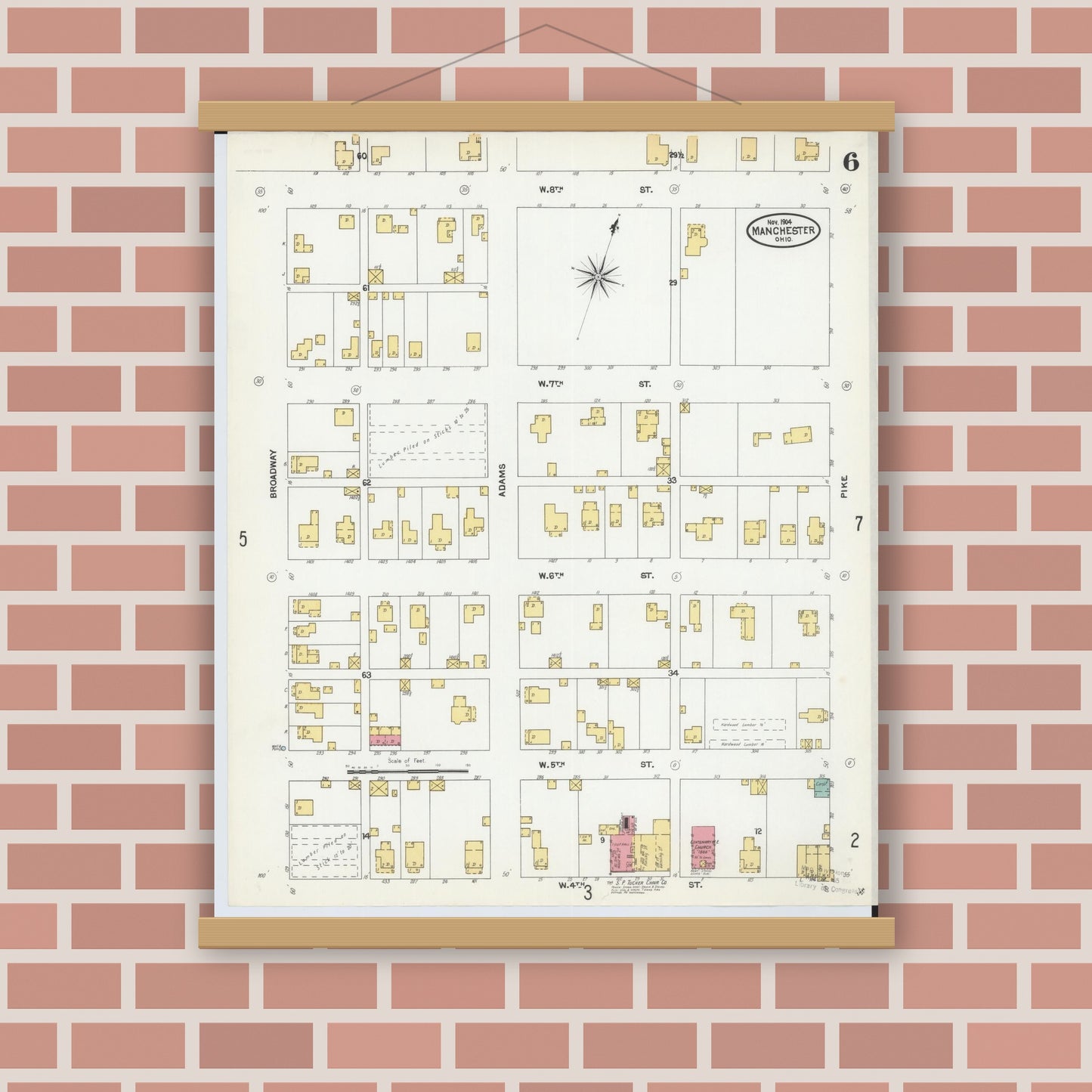 Old map wall art mockup — magnetic wood frame on brick wall — Sanborn Fire Insurance Map from Manchester, Adams County, Ohio (1904), Sheet #0006