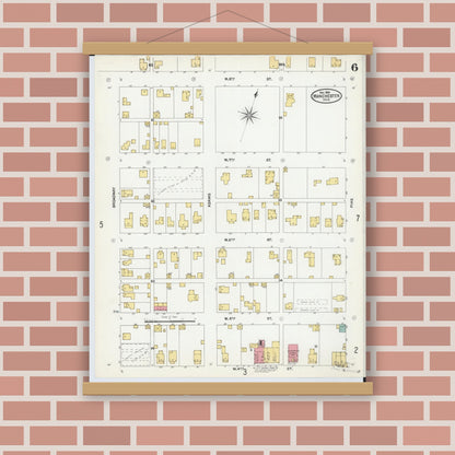 Old map wall art mockup — magnetic wood frame on brick wall — Sanborn Fire Insurance Map from Manchester, Adams County, Ohio (1904), Sheet #0006