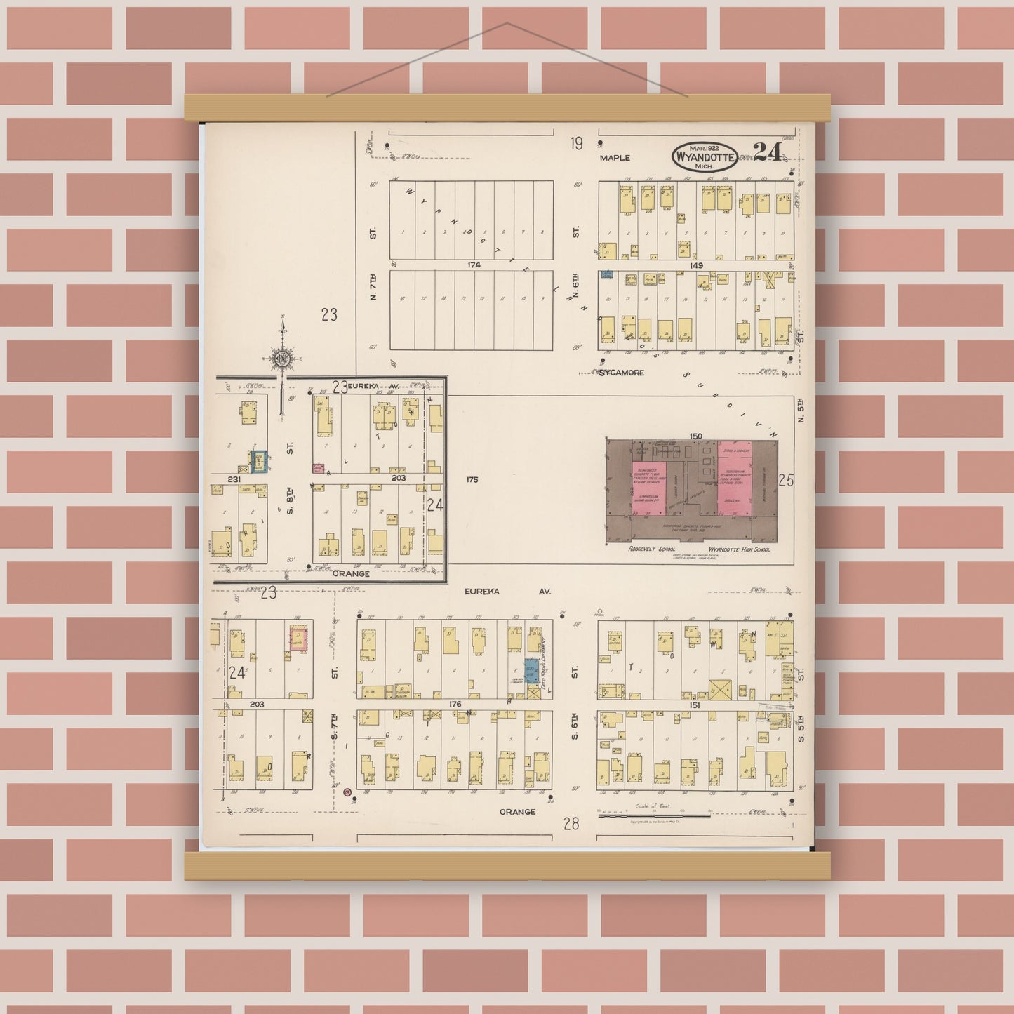Old map wall art mockup — magnetic wood frame on brick wall — Sanborn Fire Insurance Map from Wyandotte, Wayne County, Michigan (1922), Sheet #0024