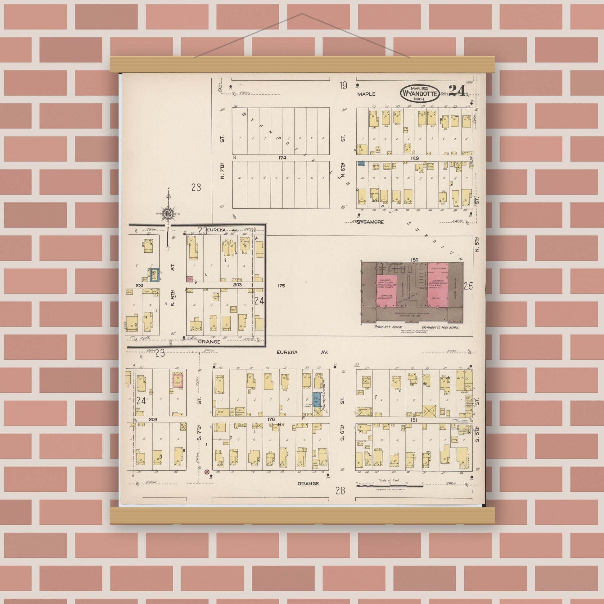 Old map wall art mockup — magnetic wood frame on brick wall — Sanborn Fire Insurance Map from Wyandotte, Wayne County, Michigan (1922), Sheet #0024