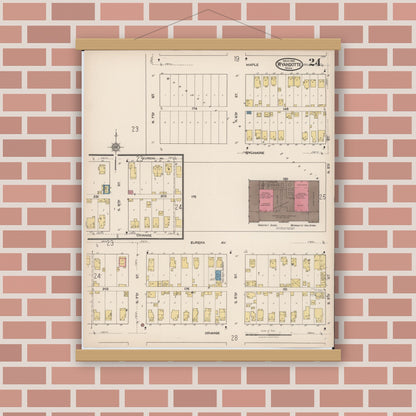 Old map wall art mockup — magnetic wood frame on brick wall — Sanborn Fire Insurance Map from Wyandotte, Wayne County, Michigan (1922), Sheet #0024