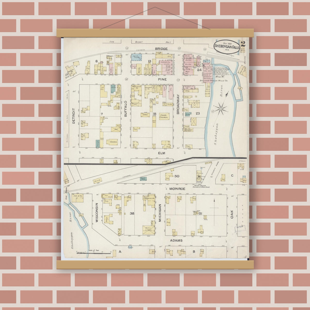 Old map wall art mockup — magnetic wood frame on brick wall — Sanborn Fire Insurance Map from Sheboygan Falls, Sheboygan County, Wisconsin (1887), Sheet #0002