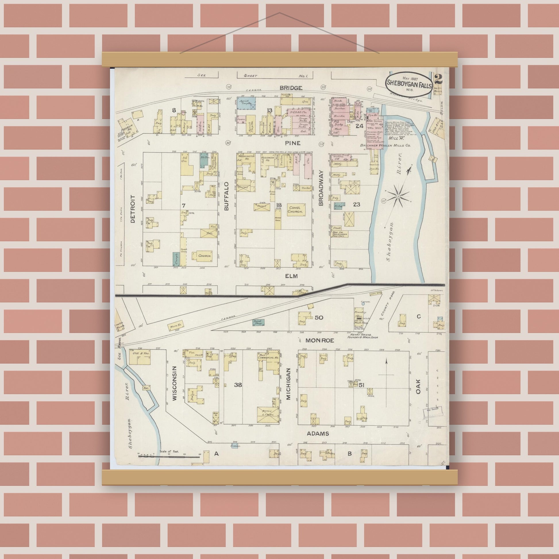 Old map wall art mockup — magnetic wood frame on brick wall — Sanborn Fire Insurance Map from Sheboygan Falls, Sheboygan County, Wisconsin (1887), Sheet #0002