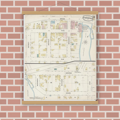 Old map wall art mockup — magnetic wood frame on brick wall — Sanborn Fire Insurance Map from Sheboygan Falls, Sheboygan County, Wisconsin (1887), Sheet #0002