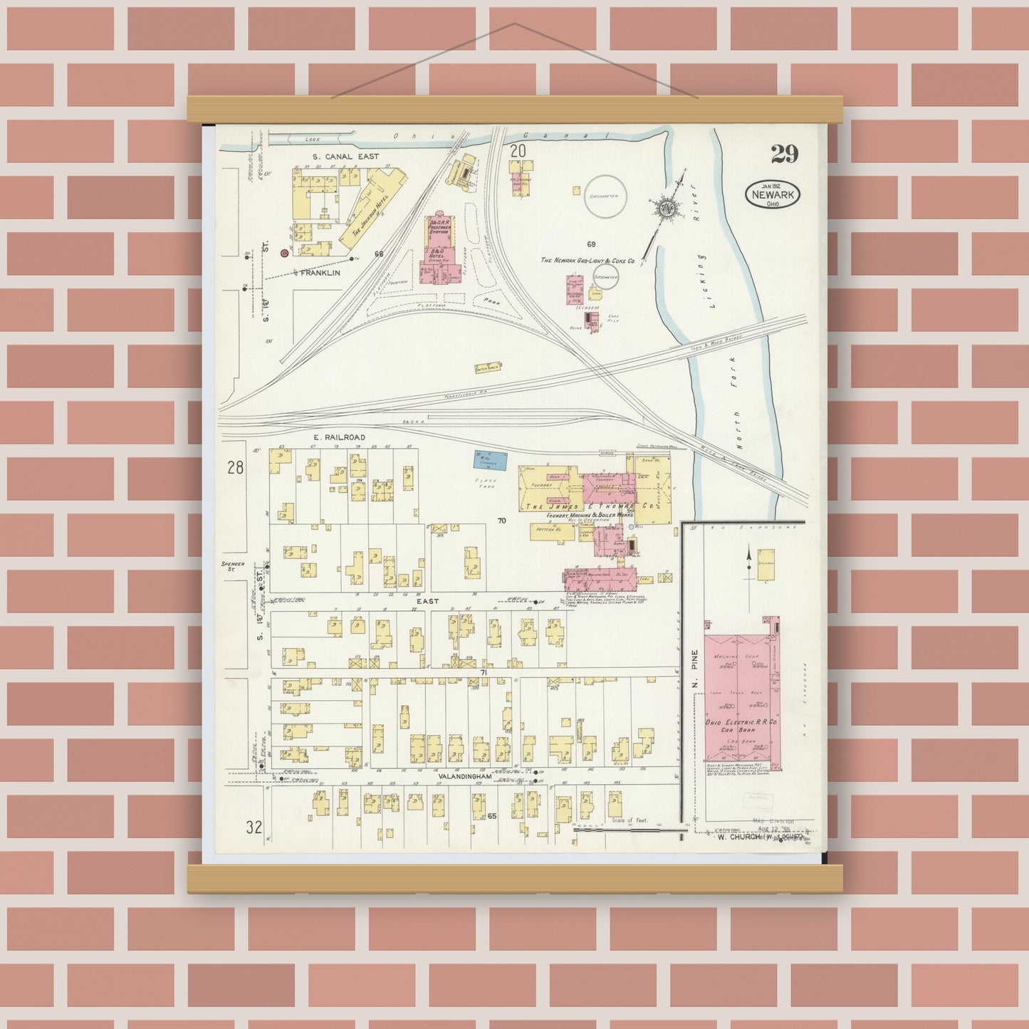 Old map wall art mockup — magnetic wood frame on brick wall — Sanborn Fire Insurance Map from Newark, Licking County, Ohio (1912), Sheet #0029