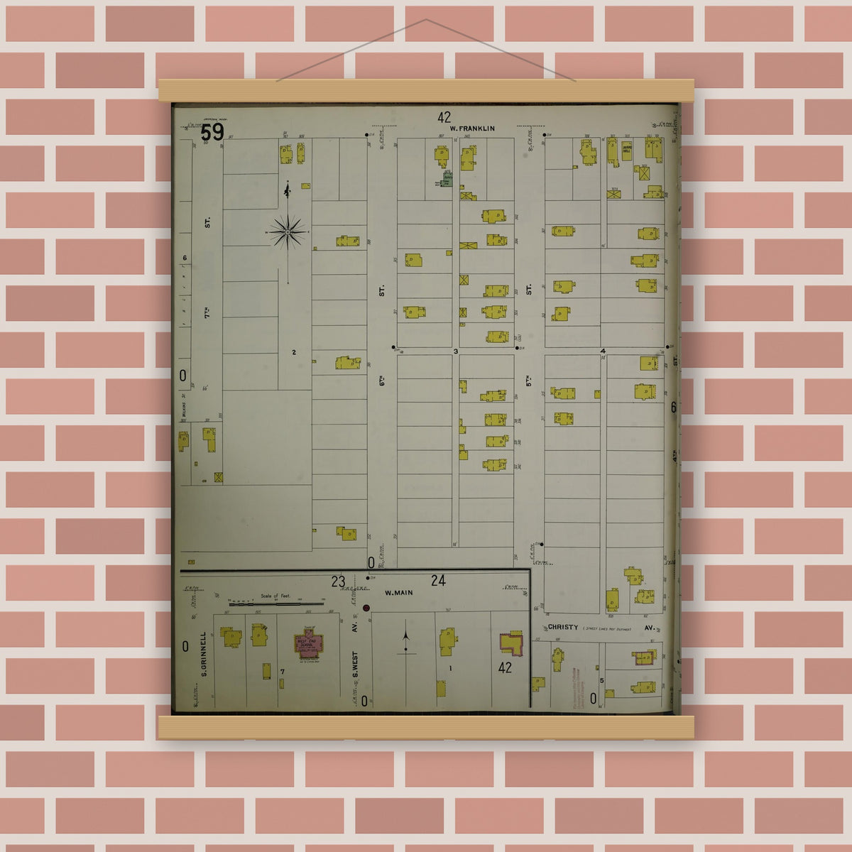 Old map wall art mockup — magnetic wood frame on brick wall — Sanborn Fire Insurance Map from Jackson, Jackson County, Michigan (1907), Sheet #0059