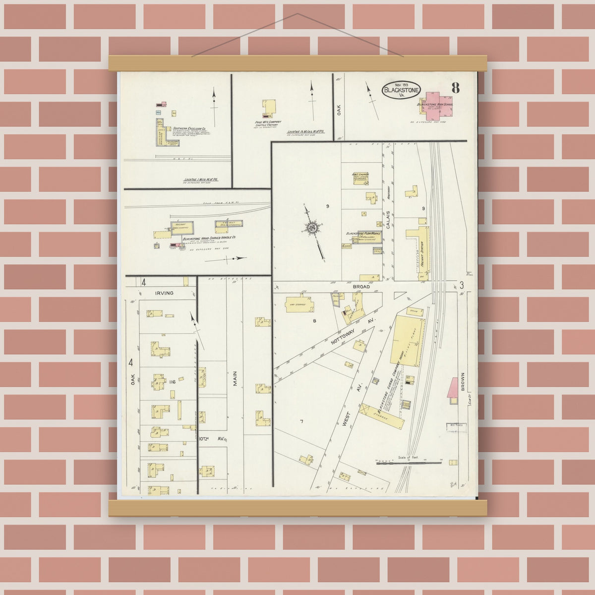 Old map wall art mockup — magnetic wood frame on brick wall — Sanborn Fire Insurance Map from Blackstone, Nottoway County, Virginia (1913), Sheet #0008