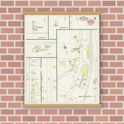 Old map wall art mockup — magnetic wood frame on brick wall — Sanborn Fire Insurance Map from Blackstone, Nottoway County, Virginia (1913), Sheet #0008