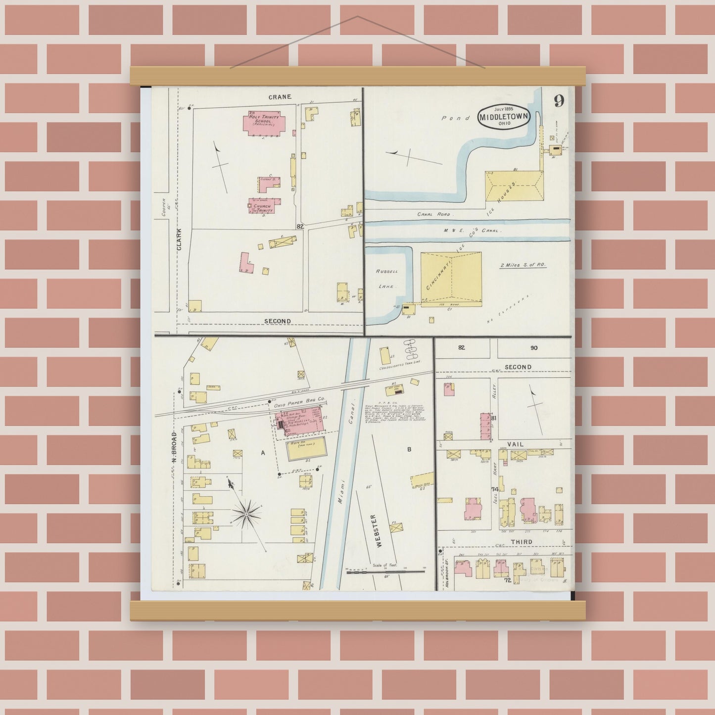 Old map wall art mockup — magnetic wood frame on brick wall — Sanborn Fire Insurance Map from Middletown, Butler County, Ohio (1895), Sheet #0009