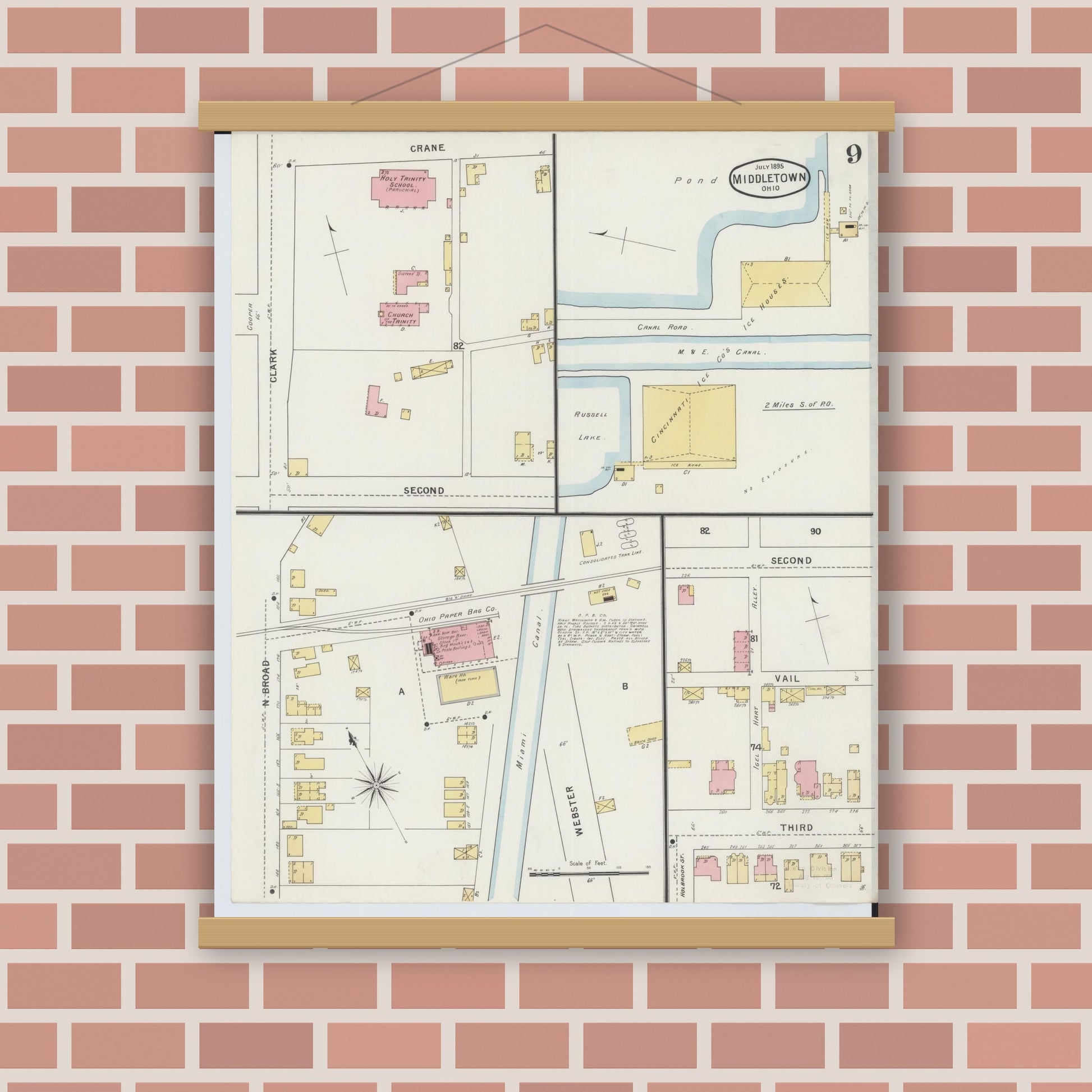 Old map wall art mockup — magnetic wood frame on brick wall — Sanborn Fire Insurance Map from Middletown, Butler County, Ohio (1895), Sheet #0009