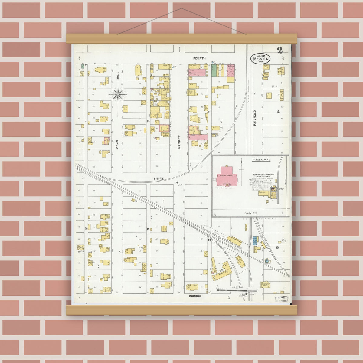 Old map wall art mockup — magnetic wood frame on brick wall — Sanborn Fire Insurance Map from Monon, White County, Indiana (1904), Sheet #0002