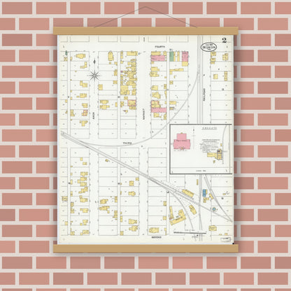 Old map wall art mockup — magnetic wood frame on brick wall — Sanborn Fire Insurance Map from Monon, White County, Indiana (1904), Sheet #0002