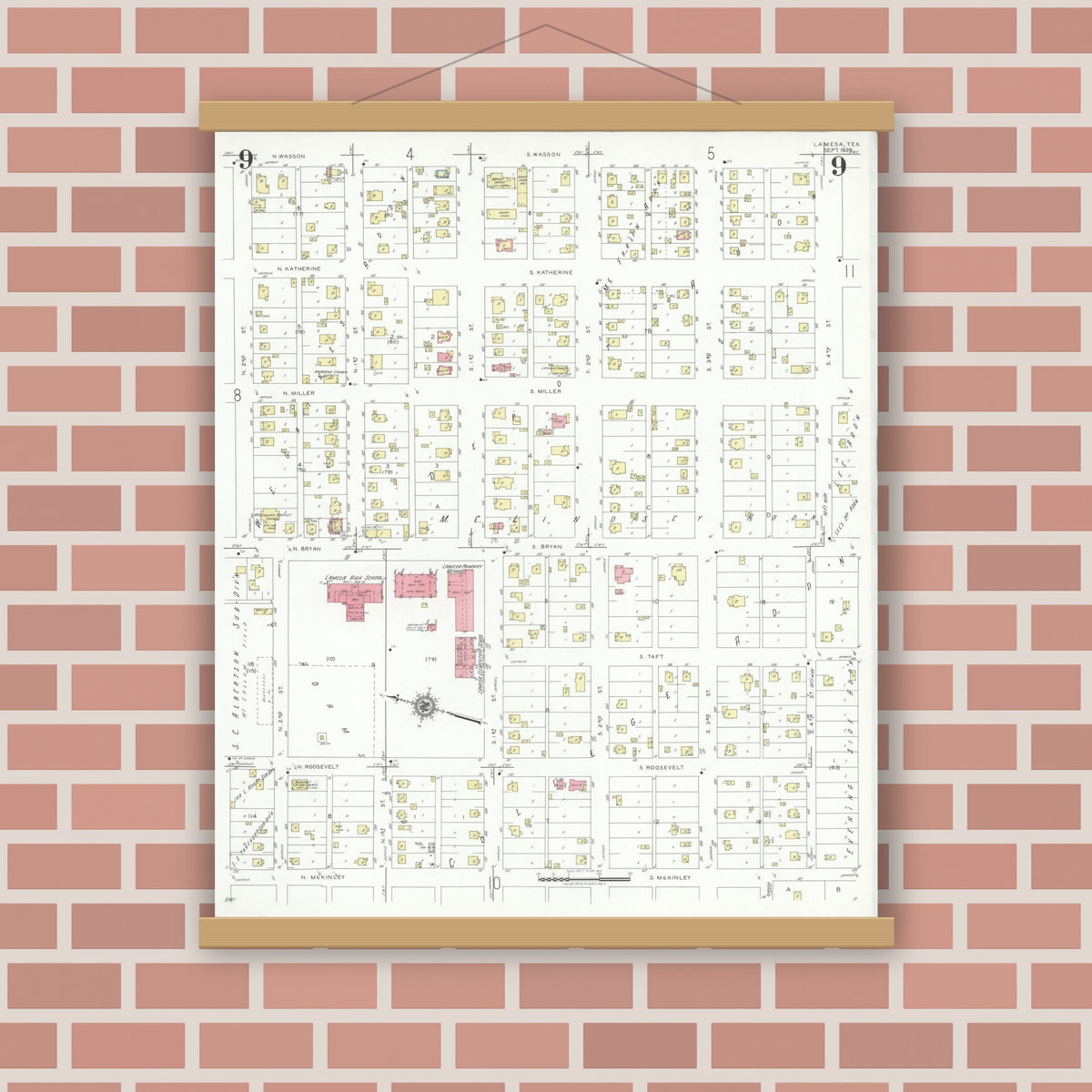 Old map wall art mockup — magnetic wood frame on brick wall — Sanborn Fire Insurance Map from Lamesa, Dawson County, Texas (1939), Sheet #0009