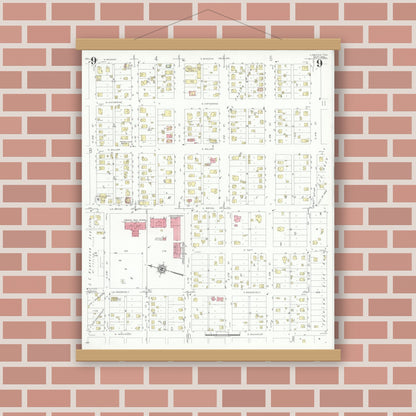 Old map wall art mockup — magnetic wood frame on brick wall — Sanborn Fire Insurance Map from Lamesa, Dawson County, Texas (1939), Sheet #0009