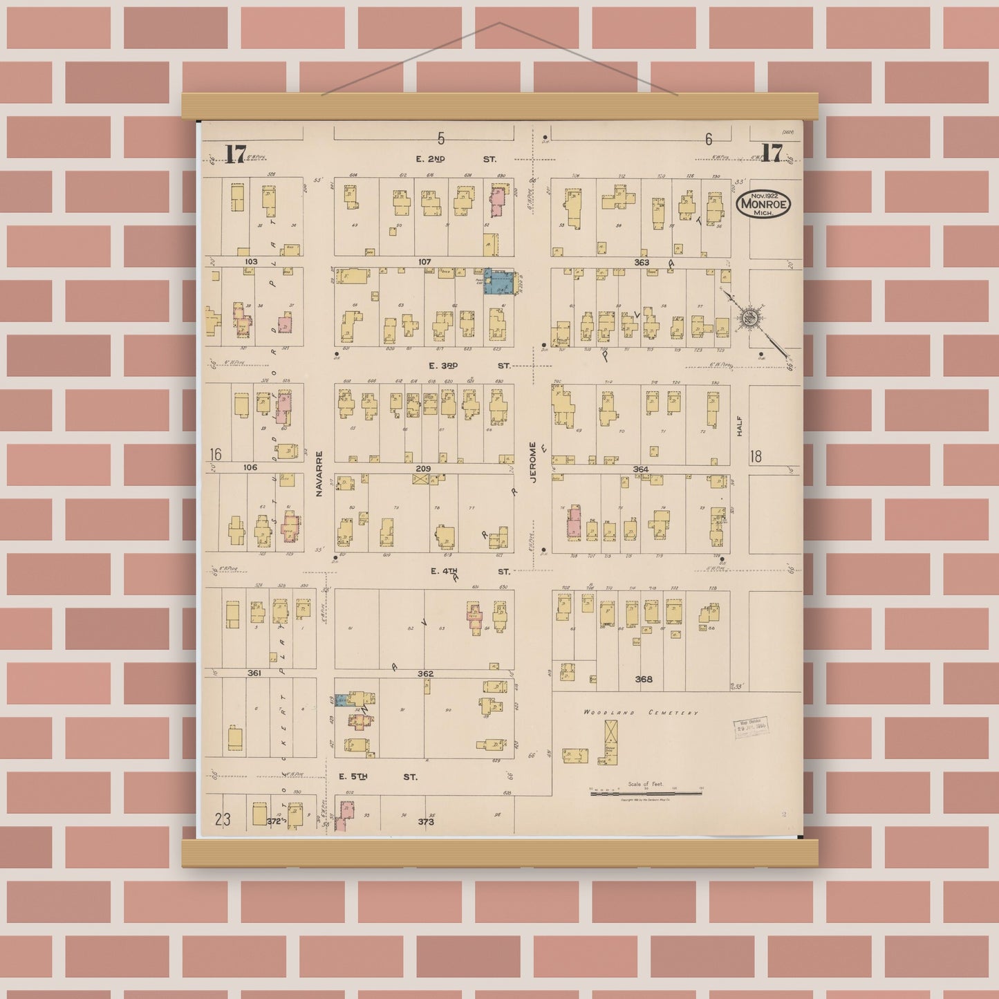 Old map wall art mockup — magnetic wood frame on brick wall — Sanborn Fire Insurance Map from Monroe, Monroe County, Michigan (1922), Sheet #0017
