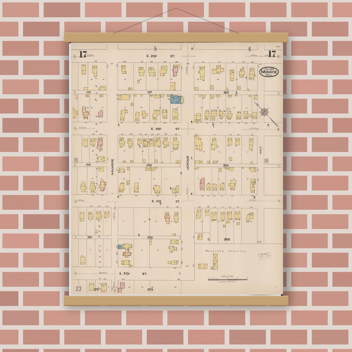 Old map wall art mockup — magnetic wood frame on brick wall — Sanborn Fire Insurance Map from Monroe, Monroe County, Michigan (1922), Sheet #0017