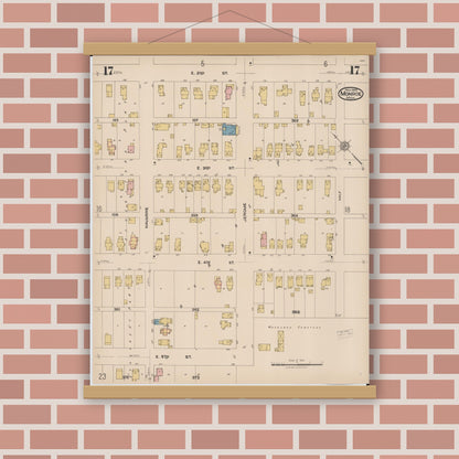 Old map wall art mockup — magnetic wood frame on brick wall — Sanborn Fire Insurance Map from Monroe, Monroe County, Michigan (1922), Sheet #0017
