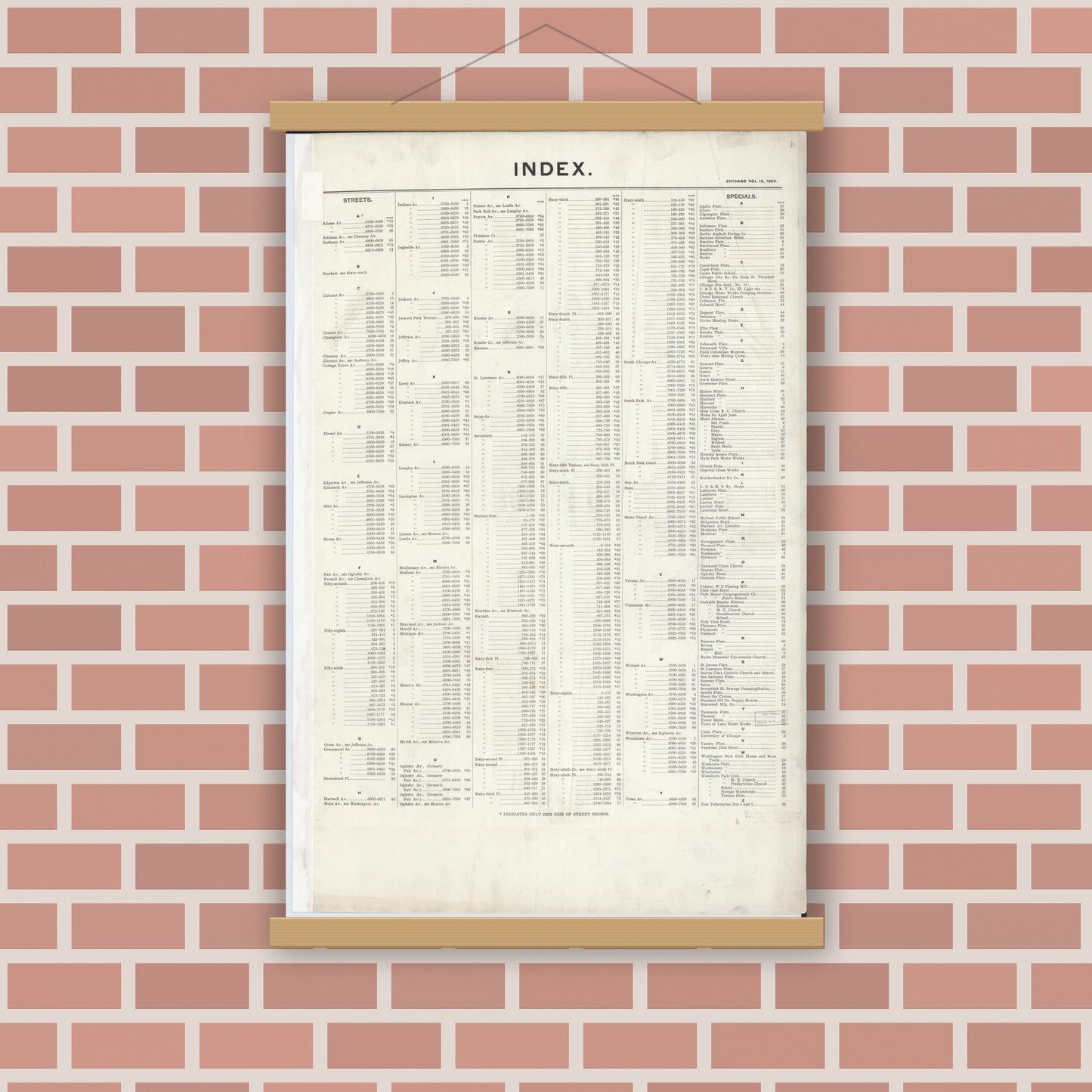 Old map wall art mockup — magnetic wood frame on brick wall — Sanborn Fire Insurance Map from Chicago, Cook County, Illinois (1895), Sheet #0001