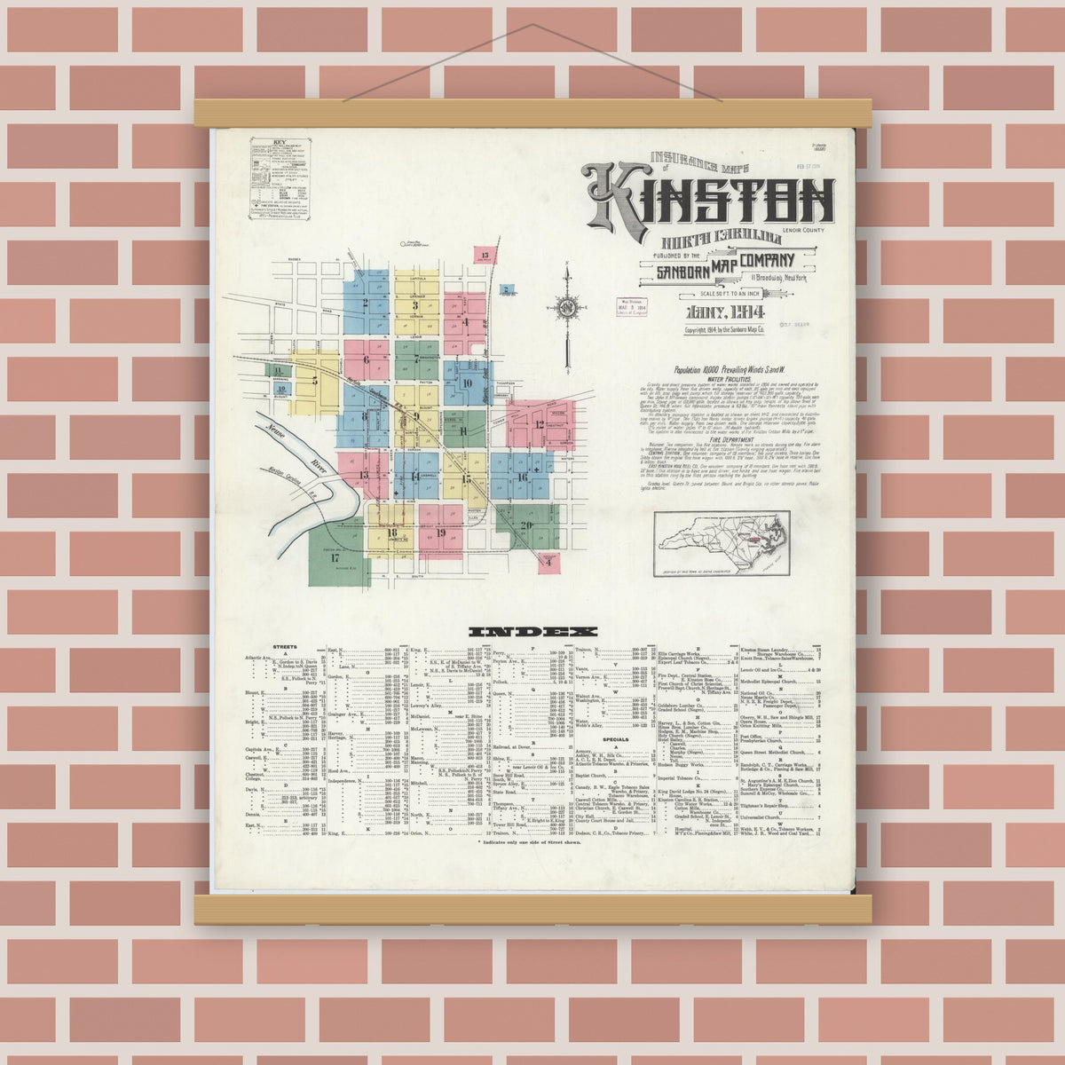 Old map wall art mockup — magnetic wood frame on brick wall — Sanborn Fire Insurance Map from Kinston, Lenoir County, North Carolina (1914) - Complete Map Set