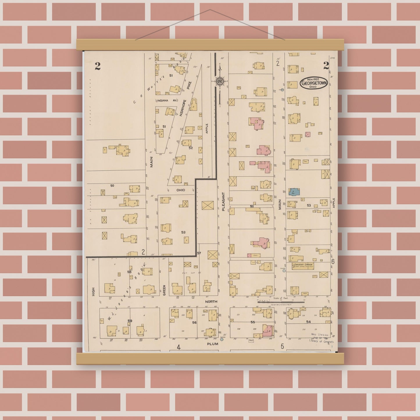 Old map wall art mockup — magnetic wood frame on brick wall — Sanborn Fire Insurance Map from Georgetown, Brown County, Ohio (1922), Sheet #0002