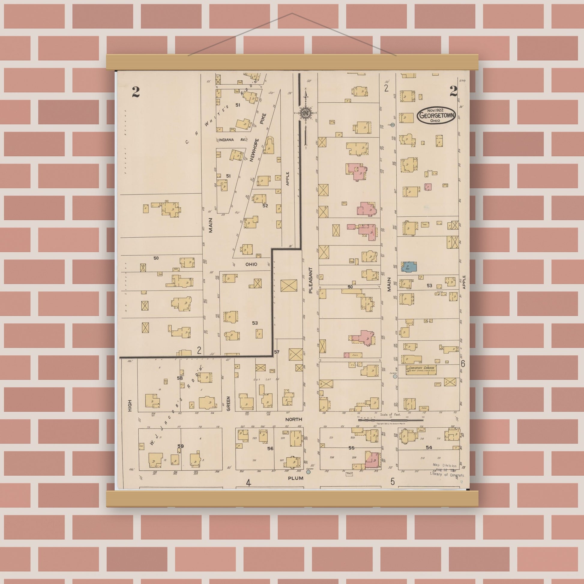 Old map wall art mockup — magnetic wood frame on brick wall — Sanborn Fire Insurance Map from Georgetown, Brown County, Ohio (1922), Sheet #0002