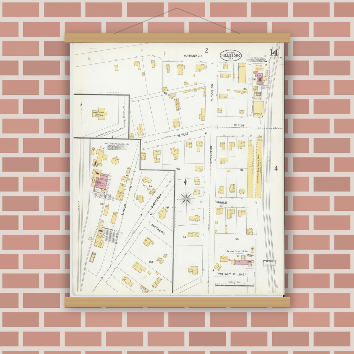 Old map wall art mockup — magnetic wood frame on brick wall — Sanborn Fire Insurance Map from Hillsboro, Hill County, Texas (1905), Sheet #0014
