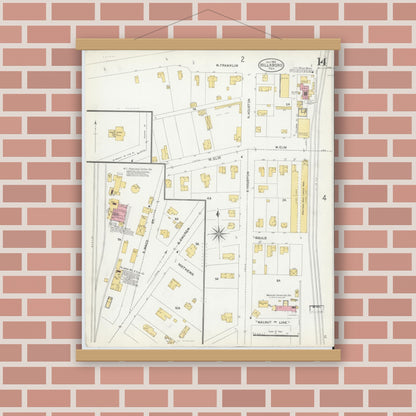 Old map wall art mockup — magnetic wood frame on brick wall — Sanborn Fire Insurance Map from Hillsboro, Hill County, Texas (1905), Sheet #0014