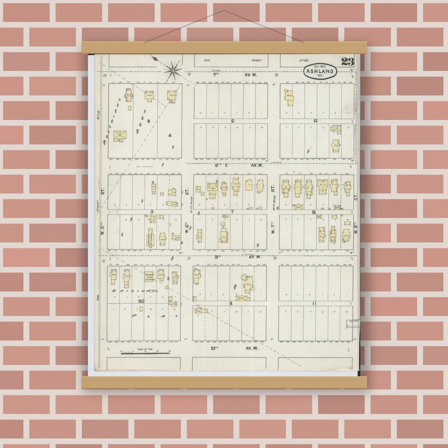 Old map wall art mockup — magnetic wood frame on brick wall — Sanborn Fire Insurance Map from Ashland, Ashland County, Wisconsin (1890), Sheet #0023
