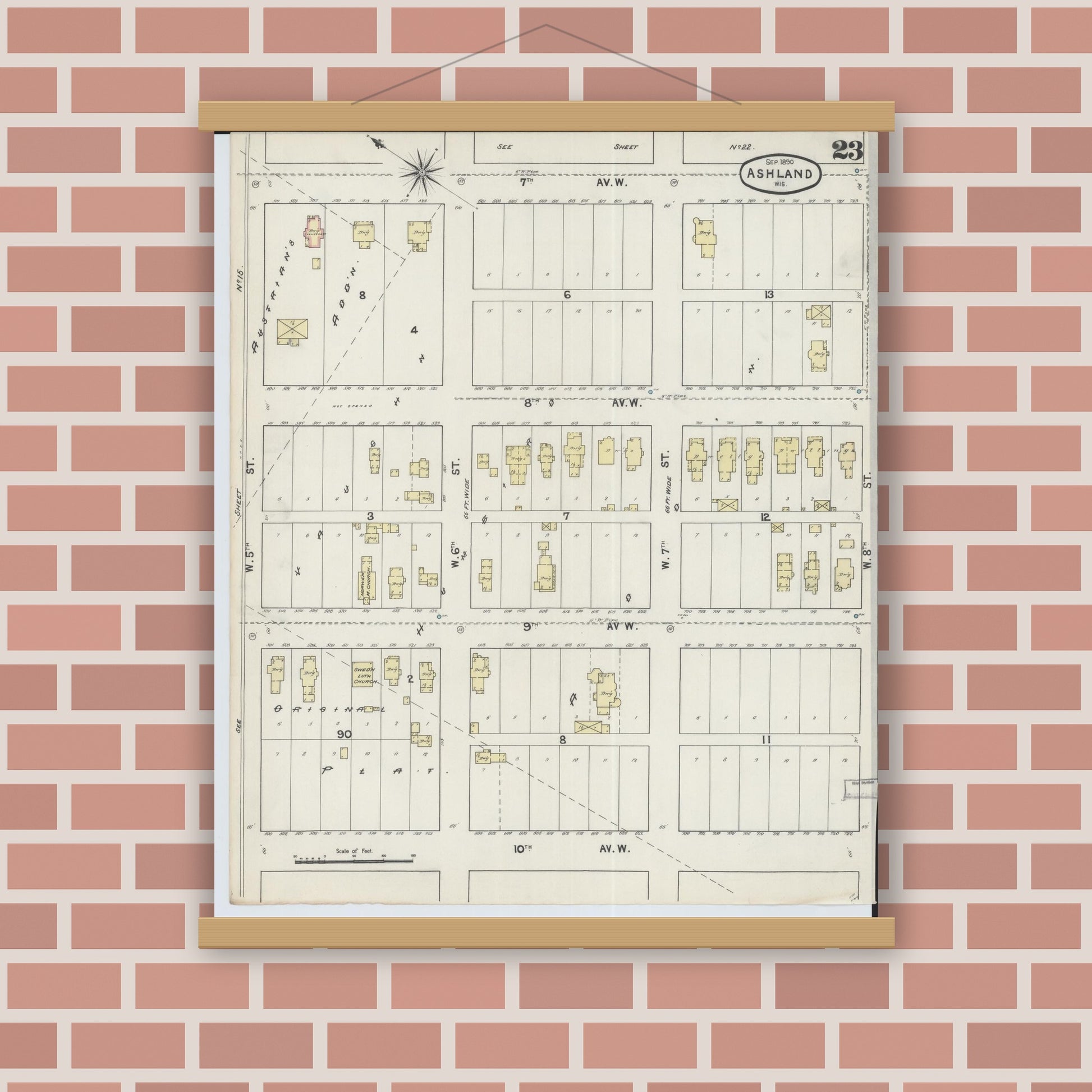 Old map wall art mockup — magnetic wood frame on brick wall — Sanborn Fire Insurance Map from Ashland, Ashland County, Wisconsin (1890), Sheet #0023