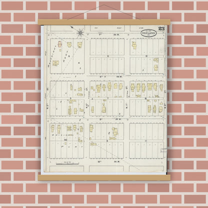 Old map wall art mockup — magnetic wood frame on brick wall — Sanborn Fire Insurance Map from Ashland, Ashland County, Wisconsin (1890), Sheet #0023