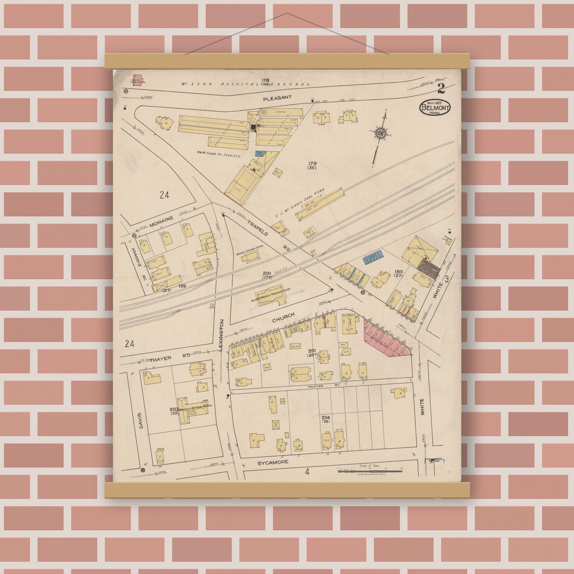 Old map wall art mockup — magnetic wood frame on brick wall — Sanborn Fire Insurance Map from Belmont, Middlesex County, Massachusetts (1922), Sheet #0002
