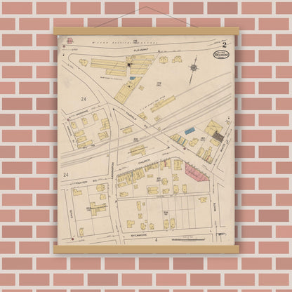 Old map wall art mockup — magnetic wood frame on brick wall — Sanborn Fire Insurance Map from Belmont, Middlesex County, Massachusetts (1922), Sheet #0002