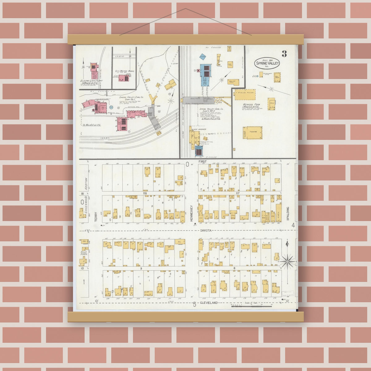 Old map wall art mockup — magnetic wood frame on brick wall — Sanborn Fire Insurance Map from Spring Valley, Bureau County, Illinois (1906), Sheet #0003