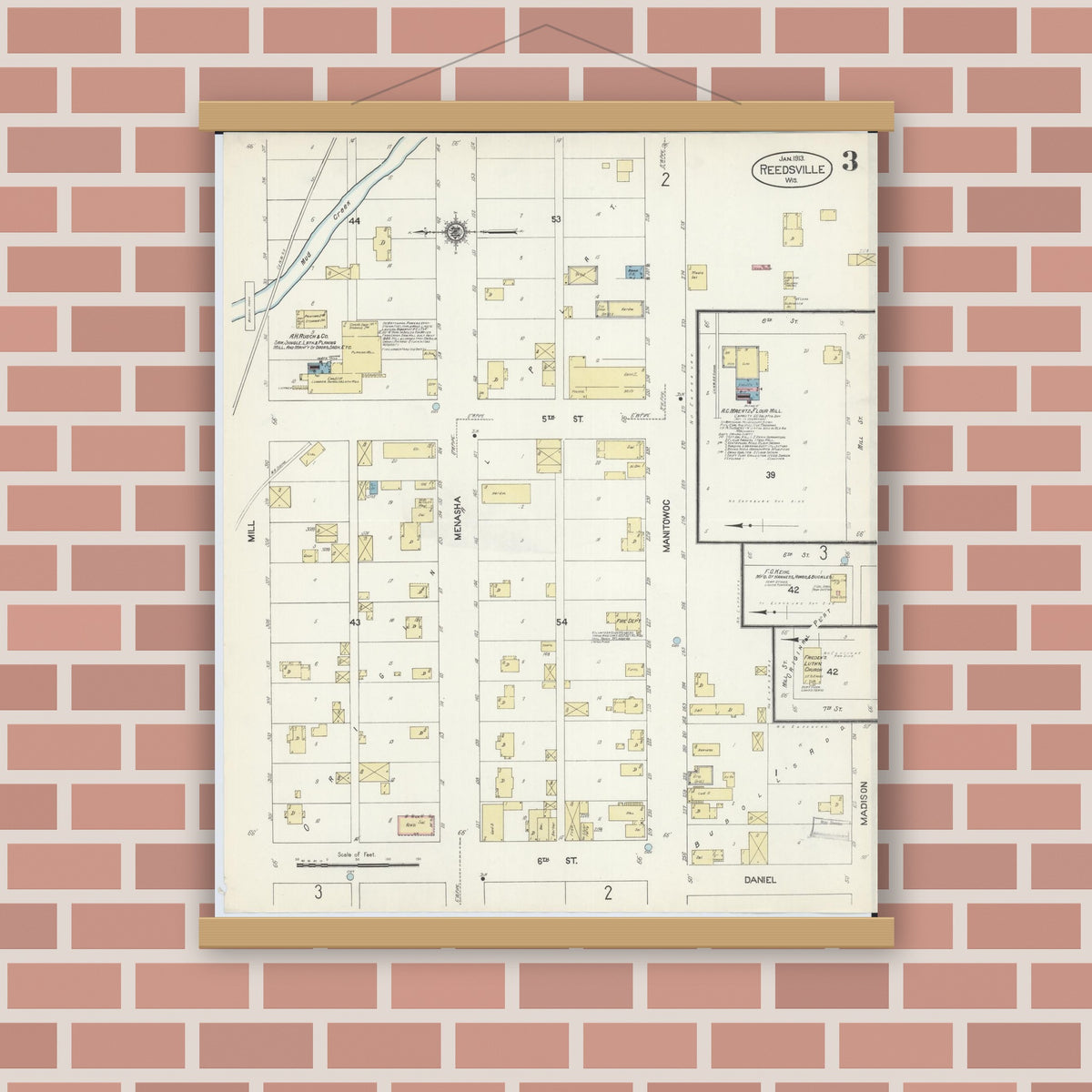 Old map wall art mockup — magnetic wood frame on brick wall — Sanborn Fire Insurance Map from Reedsville, Manitowoc County, Wisconsin (1913), Sheet #0003