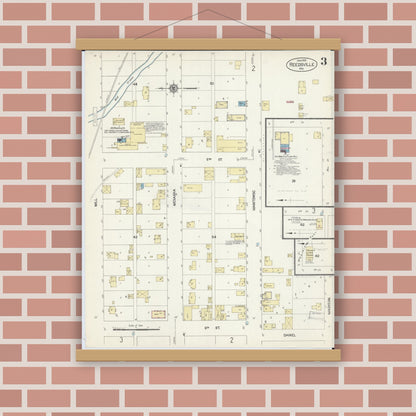 Old map wall art mockup — magnetic wood frame on brick wall — Sanborn Fire Insurance Map from Reedsville, Manitowoc County, Wisconsin (1913), Sheet #0003