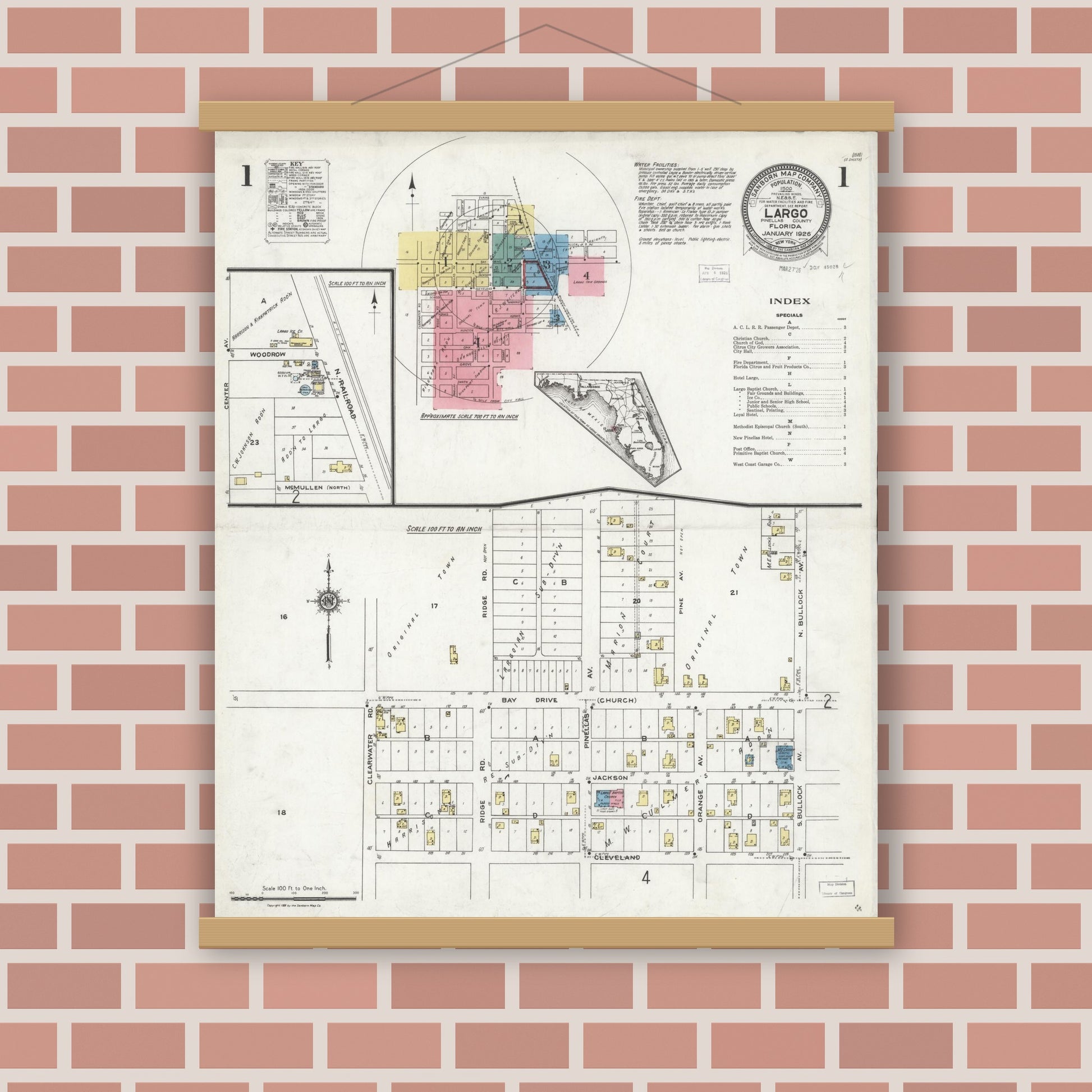 Old map wall art mockup — magnetic wood frame on brick wall — Sanborn Fire Insurance Map from Largo, Pinellas County, Florida (1926), Sheet #0001