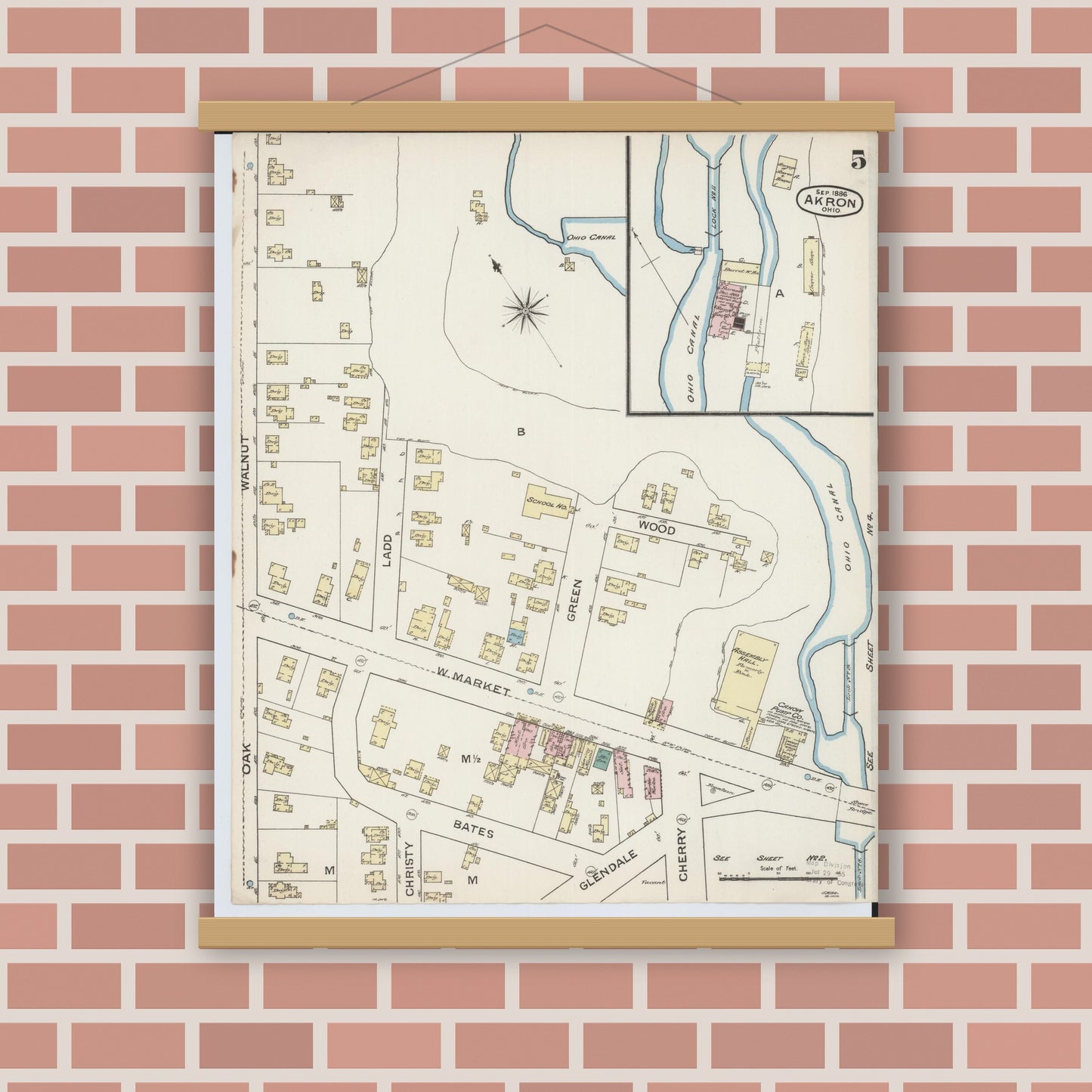Old map wall art mockup — magnetic wood frame on brick wall — Sanborn Fire Insurance Map from Akron, Summit County, Ohio (1886), Sheet #0005
