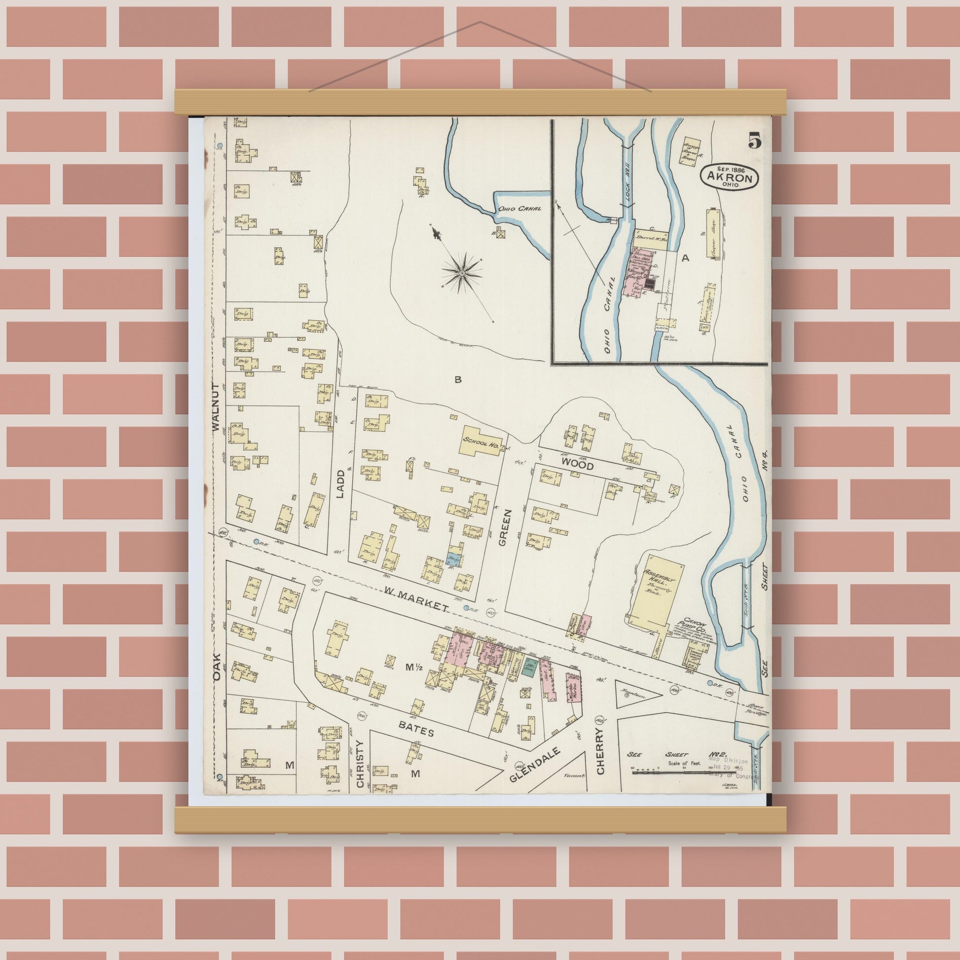 Old map wall art mockup — magnetic wood frame on brick wall — Sanborn Fire Insurance Map from Akron, Summit County, Ohio (1886), Sheet #0005