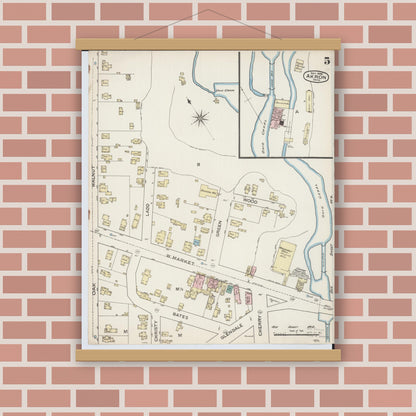 Old map wall art mockup — magnetic wood frame on brick wall — Sanborn Fire Insurance Map from Akron, Summit County, Ohio (1886), Sheet #0005