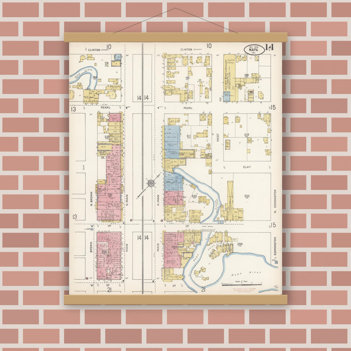 Old map wall art mockup — magnetic wood frame on brick wall — Sanborn Fire Insurance Map from Napa, Napa County, California (1910), Sheet #0014