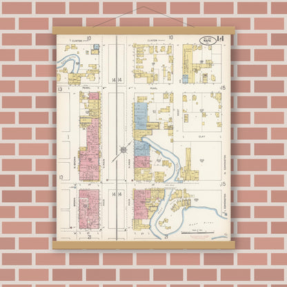 Old map wall art mockup — magnetic wood frame on brick wall — Sanborn Fire Insurance Map from Napa, Napa County, California (1910), Sheet #0014